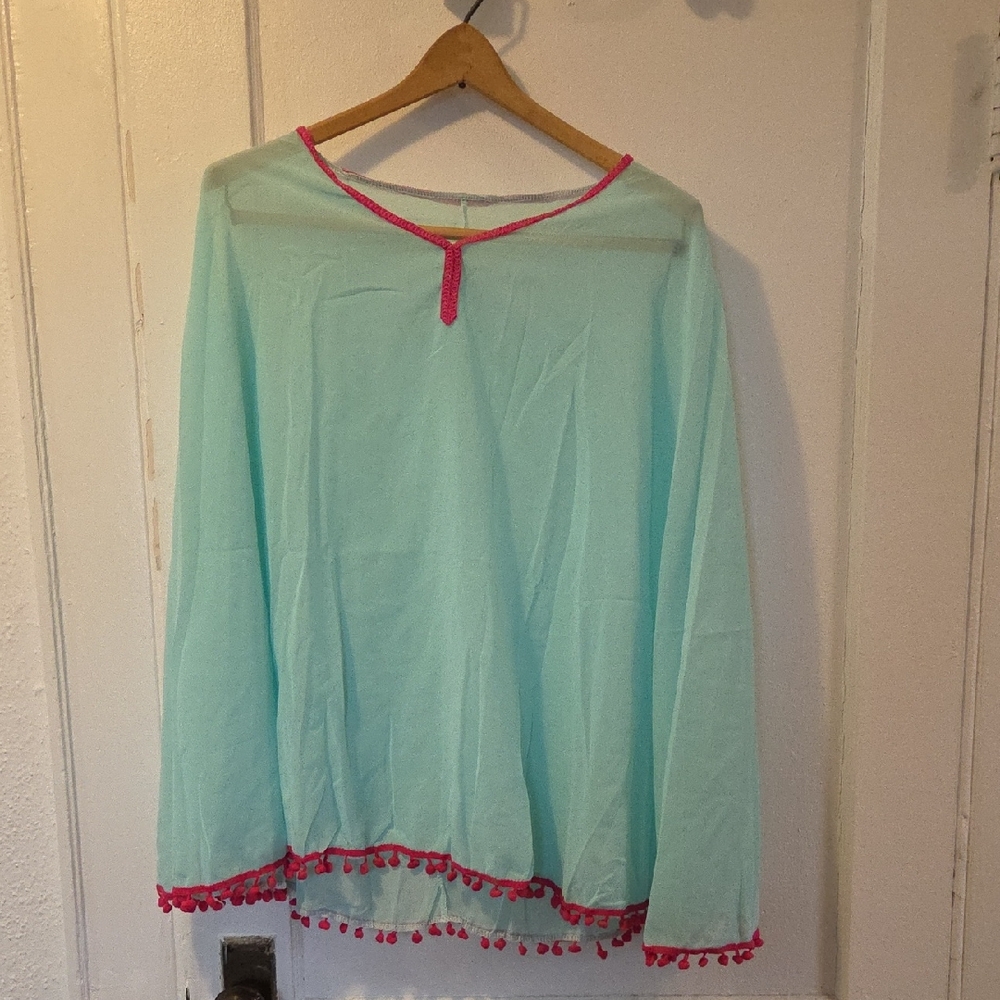 Brybelly Women's Beach Poncho with Pom-Pom Trim - Mint Raspberry